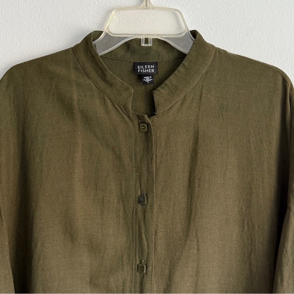 Eileen Fisher Olive Linen Rayon Minimal Mandarin Neck Blouse Jacket - Picture 2 of 6